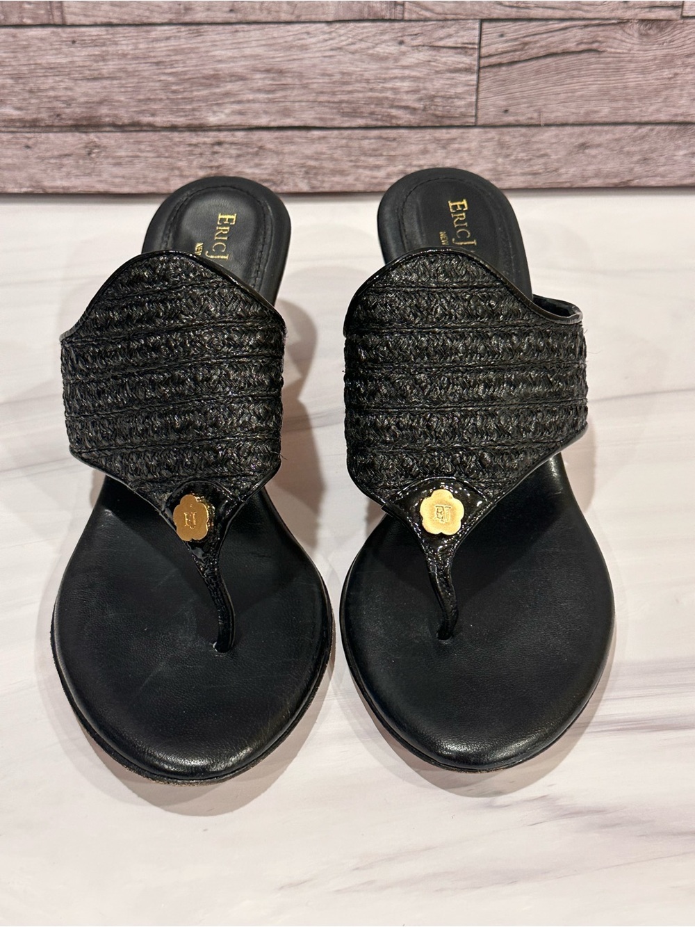 Eric Javits New York Black Woven Thong Heeled Sandals Leather Size 8M